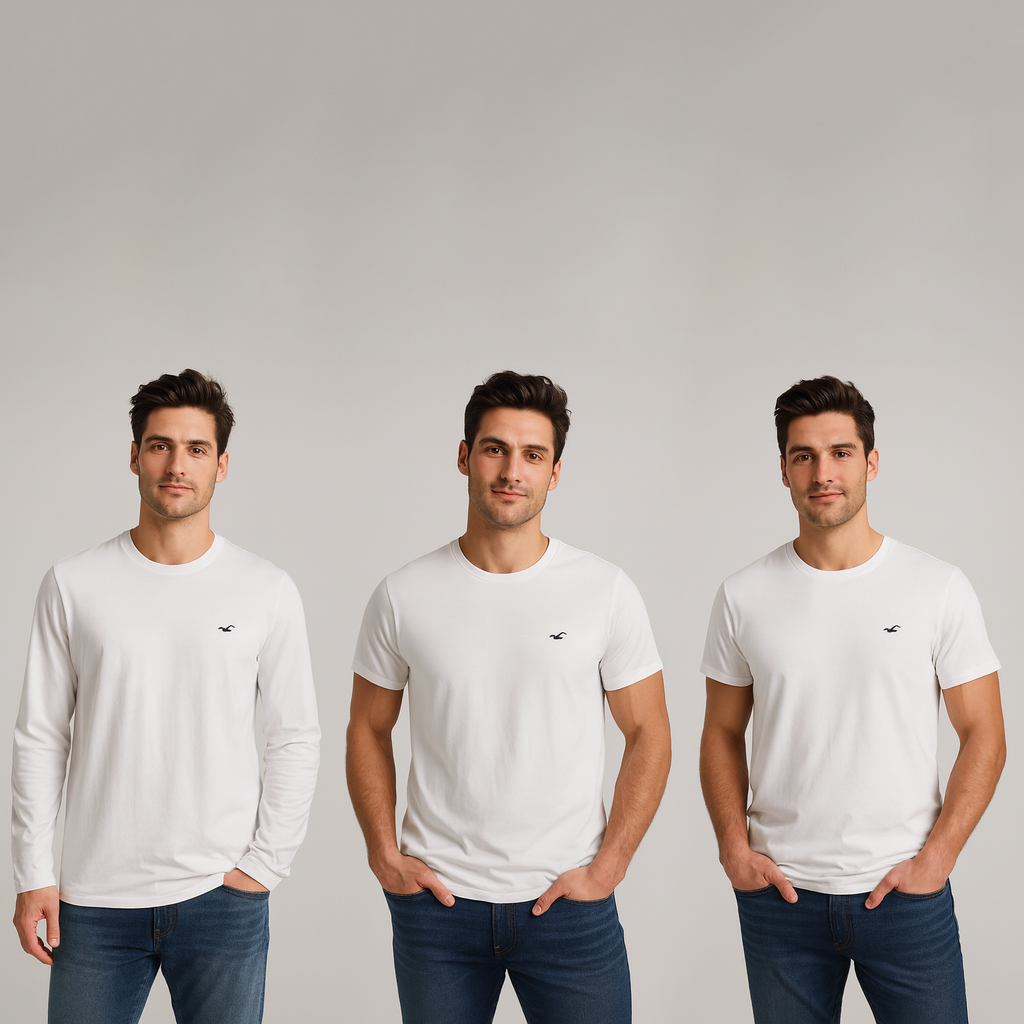 3 pc Set Curved Hem, Long Sleeve, Crew Neck Shirt